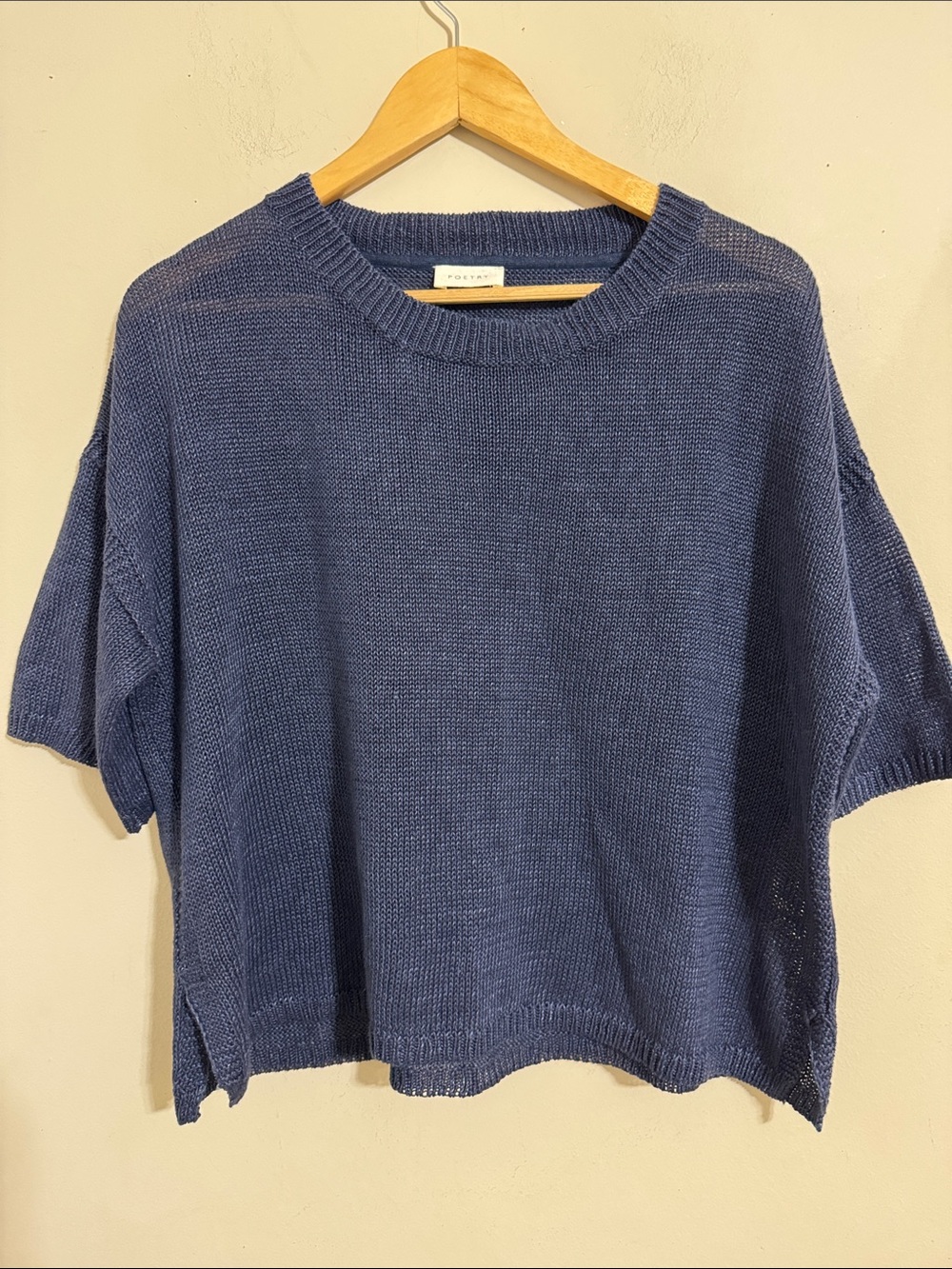 Poetry 100% Linen Short-Sleeve Crop Knit Sweater Blue size 10 Minimalist Casual